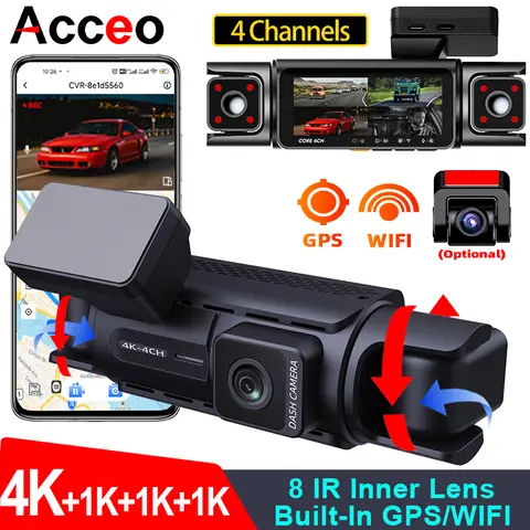 4 Channel GPS WIFI Car Dash Cam 360 Panoramic 8 IR Night Vision Lights 24H Parking Front 4K Inside/Rear/Left 1K Video Recorder