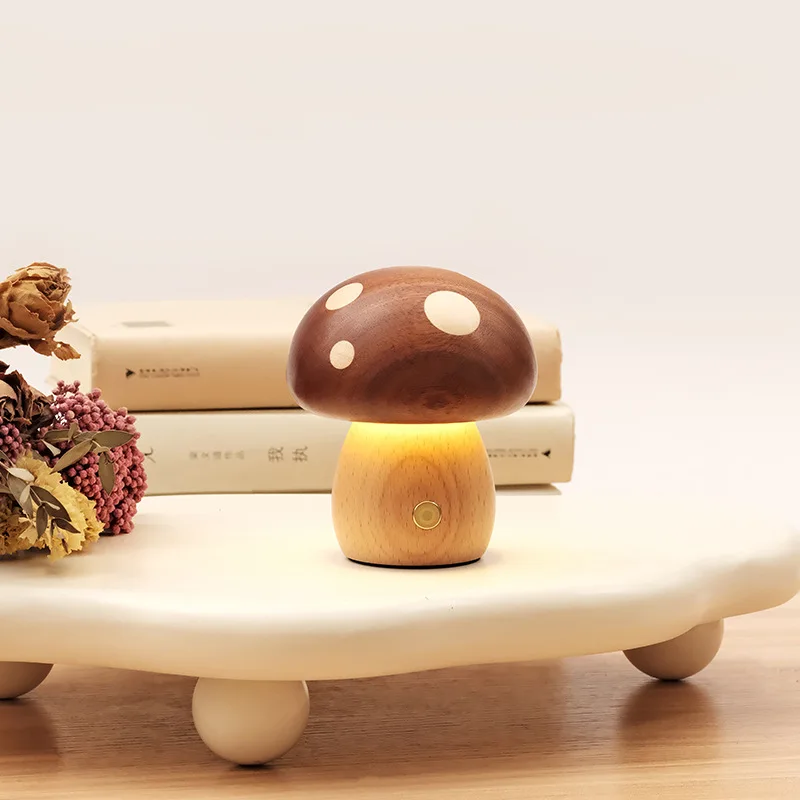 مصباح ليلي على شكل فطر خشبي صديق للبيئة غير مطلي يعمل باللمس يعتم بطارية 900 مللي أمبير في الساعة 3000 كيلو ضوء دافئ بجانب السرير ديكور محيط للأطفال