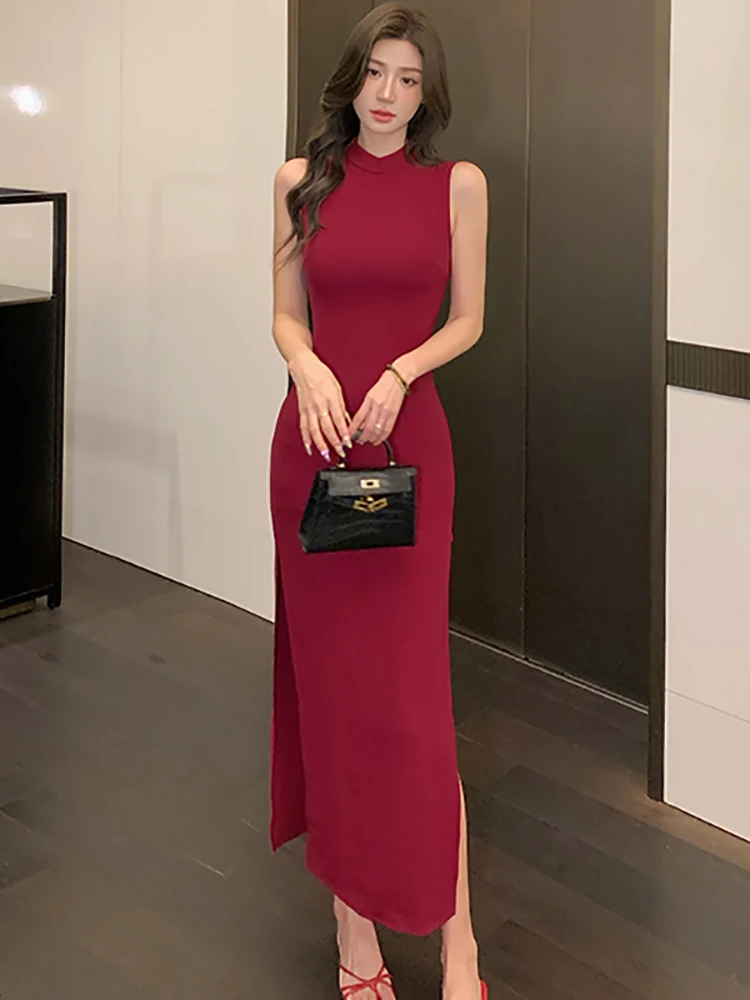 Summer Red Sleeveless Stand Chic Slit Sexy Long Dress Women Vintage Luxury Evening Dress 2025 Korean Bodycon Festival Prom Dress