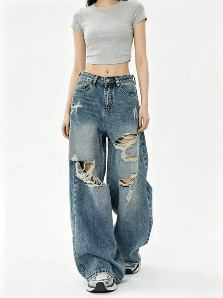 Retro American Hole Denim Jeans Women Loose Wide Leg Straight Washed Version Good Matchings Pants Natural Waist Jeans