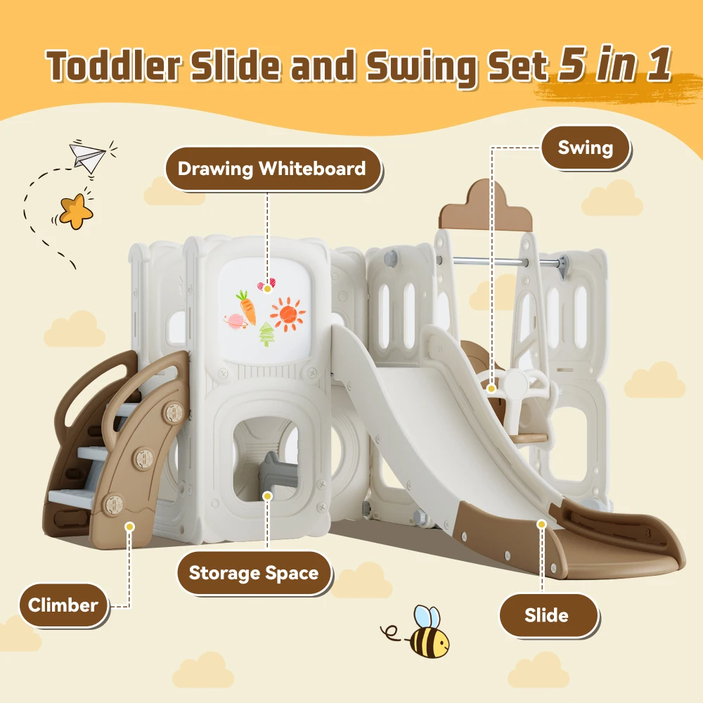 5 in 1 Toddler Slide and Swing Set, Kids Playground Climber Slide Playset with Drawing Whiteboard, Freestanding Combination