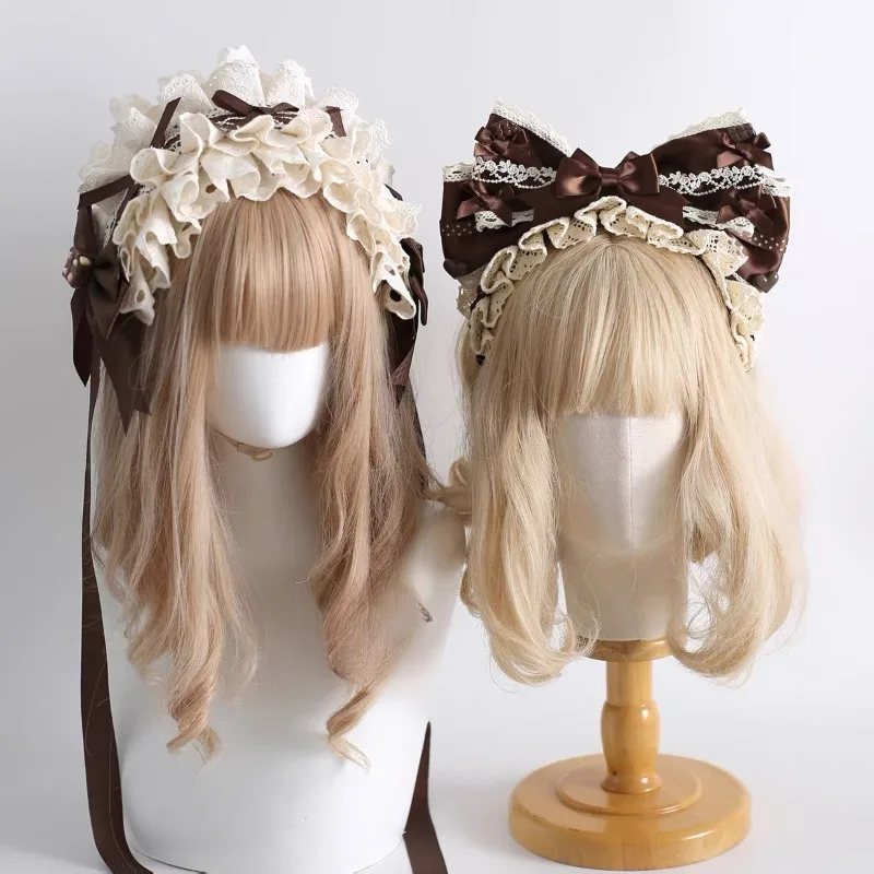 Original Brown Lolita Lace Bow Headpiece Girls Kawaii Lolita Chocolate Cake Mini Hat Cosplay Headband KC Maid Hair Accessory