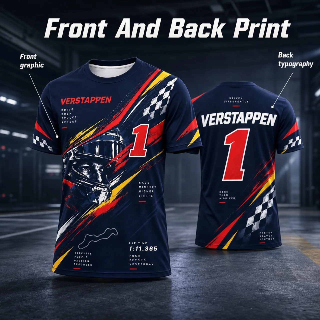Men's F1 Verstappen Racing T-shirt Helmet Portrait Checkered Flag Track Pattern Racing Fan Short Sleeved T-shirt