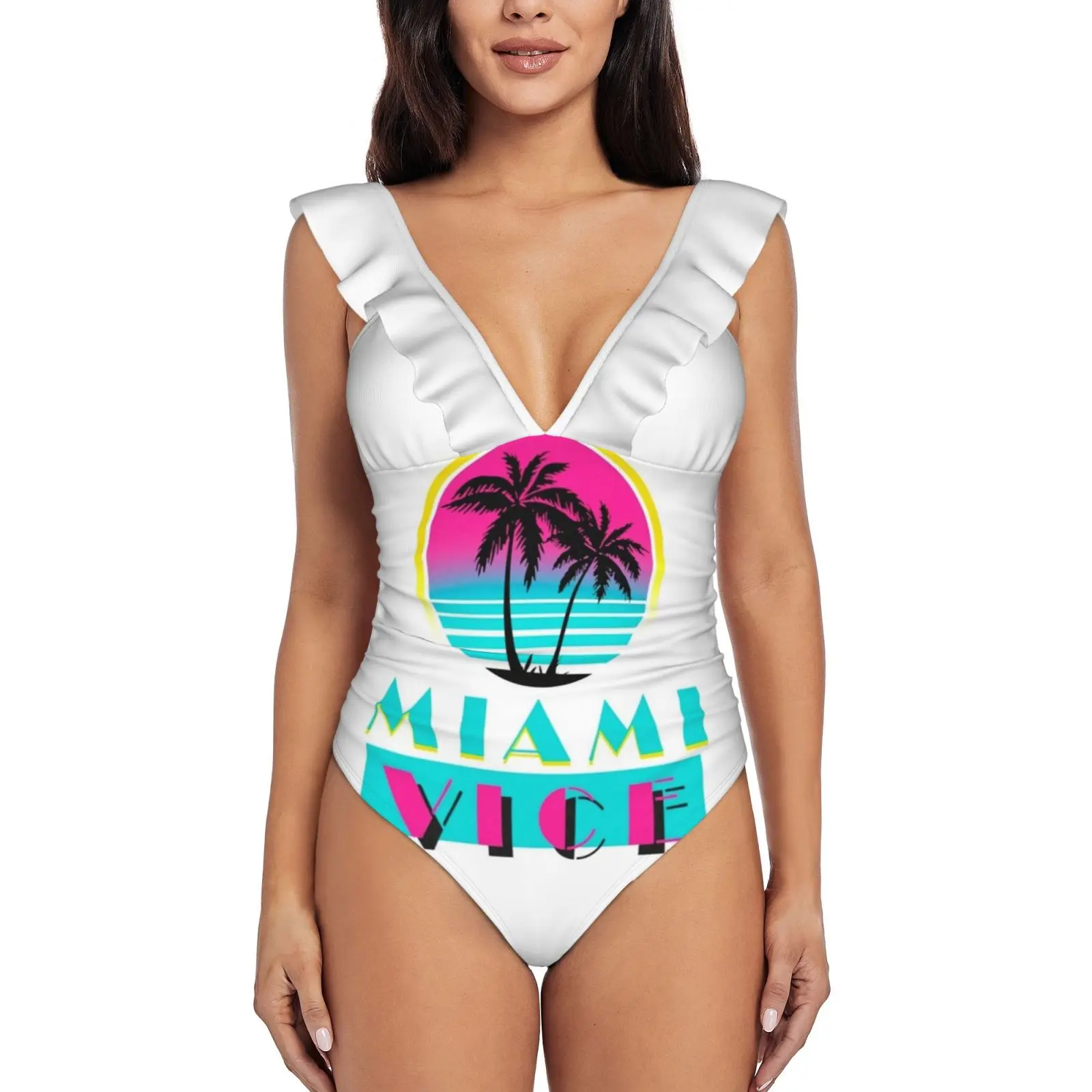 

Miami Vice Ruffle Swimsuit Women'S Swimwear Monokini Beachwear Bathing Suits Miami Vice Miami Beach Life Coastal Florida Tv