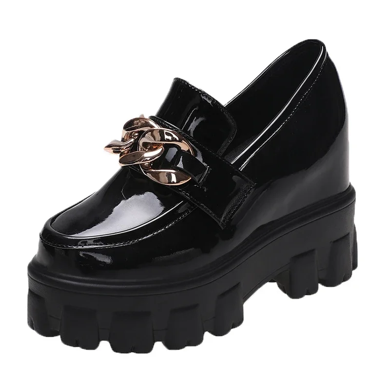 

2024 Female Shoes Women Fashion Mary Janes Round Toe Flats Loafers Oxfords Platform Casual Metal Chain Buckle Ladies Heels Black