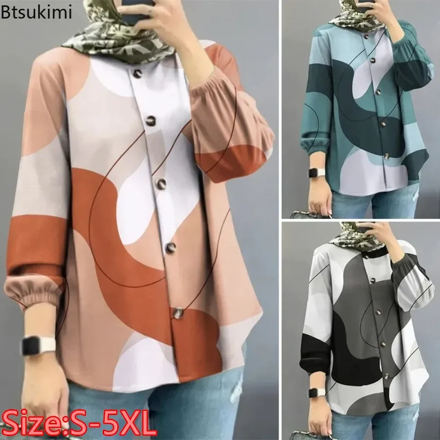 

New 2025 Women's Printed Long-sleeved Casual Shirts Top Elegant Single Breasted Commuting Blouses Muslim Women's Tops Abayas