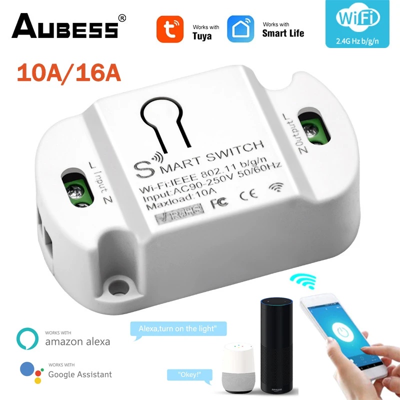 Aubess 10A/16A Smart WiFi Switch 2000W Tuya Smart Home Automation Module Wireless Smart Switch Works Via Alexa Google Home