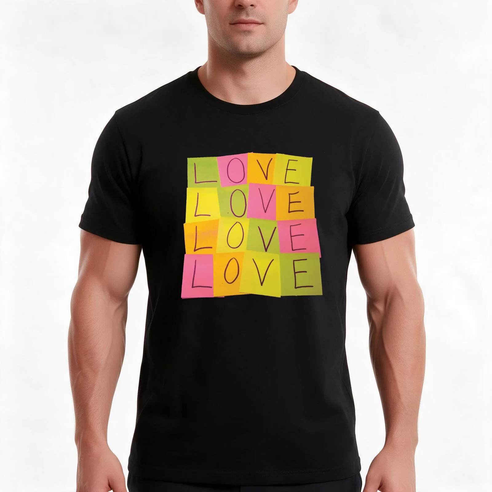 LOVE in Post-it Notes T-Shirt, Summer Casual Cotton Tee, Oversized Streetwear Tops, Vintage Graphic Print, Unisex Men Women