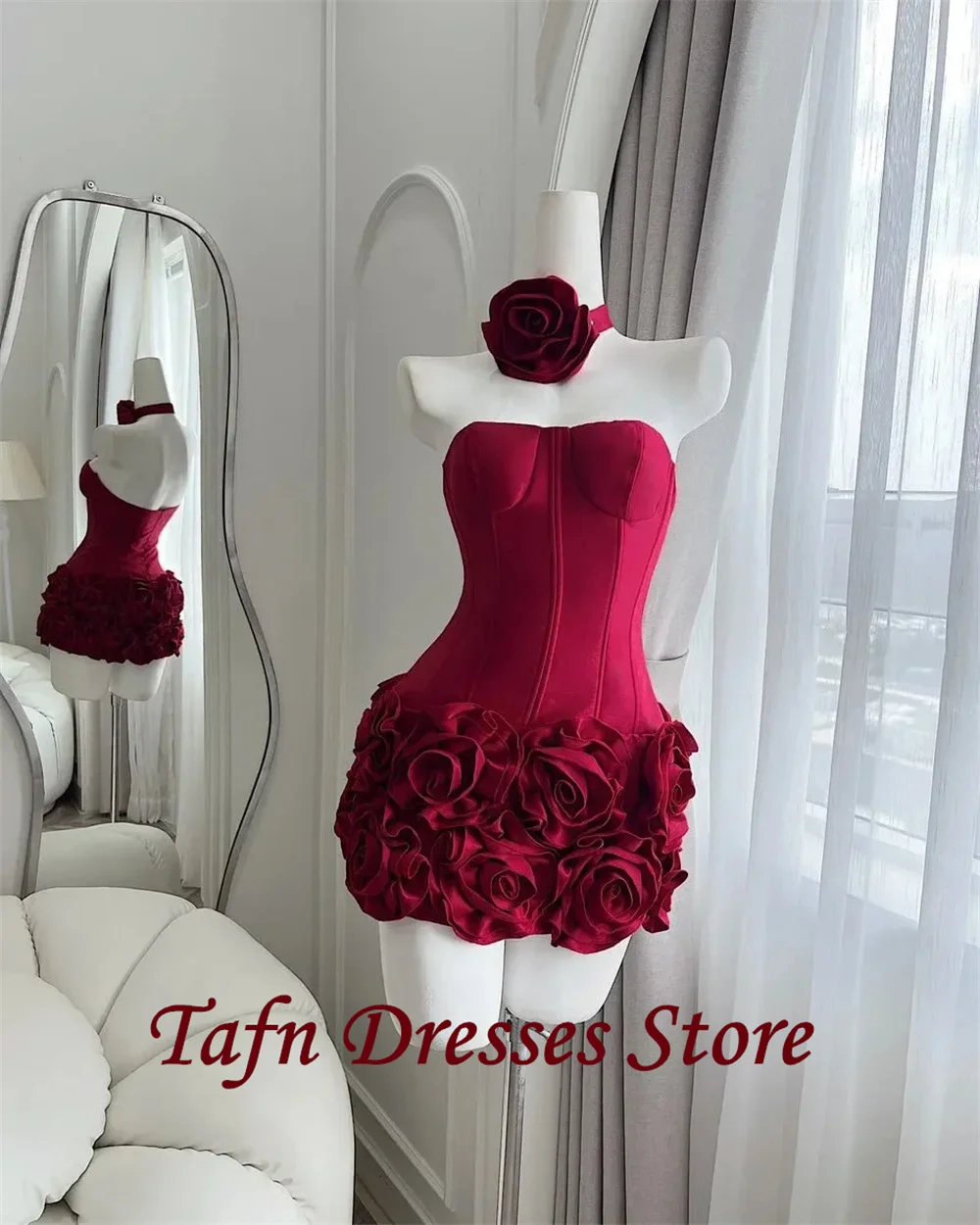 Tafn sexy sem alças vestido de baile flores artesanais a linha acima do joelho mini vestidos de festa lindos vestidos de baile personalizados