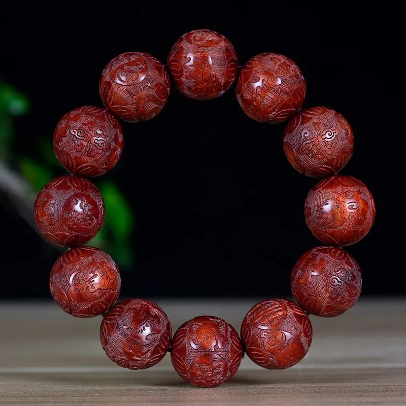 Leaflet Red Blood Sandalwood Personality Carving 12 Zodiac Tai Chi Buddha Beads Bracelet Amulet Fu HandString Wen Play Jewelry