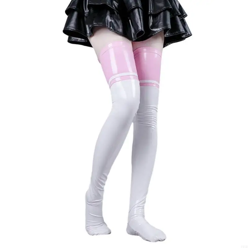 

195E Women Sexy Thigh High Stockings Colorblock Stripe Faux Leather Long Socks