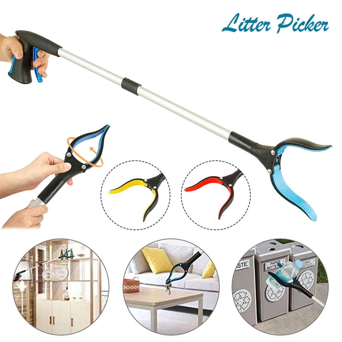 1PC Litter Picker Foldable Gripper Portable Extendable Grabber Reacher Long Handle Pick Up Stick with Anti-Skid Jaws for Elderly