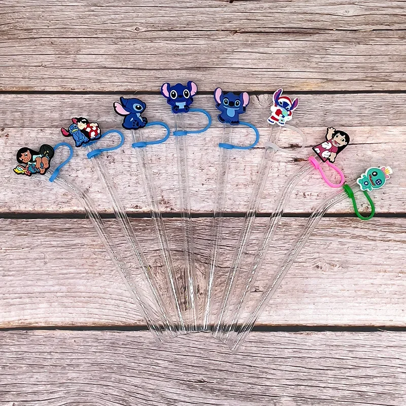 Accesorios de decoración de dibujos animados de Lilo Stitch para niños, pajitas de dibujos animados de Disney, tapón antipolvo de silicona, suministros de fiesta Kawaii, moda