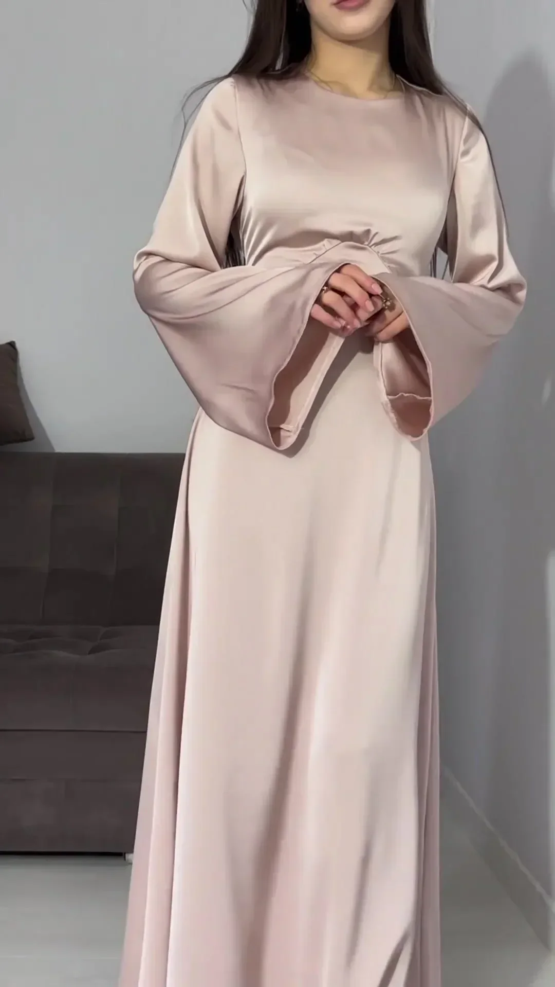 فستان ماكسي أنيق من الساتان للنساء فساتين سهرة مثيرة بسيطة بياقة دائرية وأكمام مضيئة فستان حفلات أعياد الميلاد للسيدات فستان طويل #5