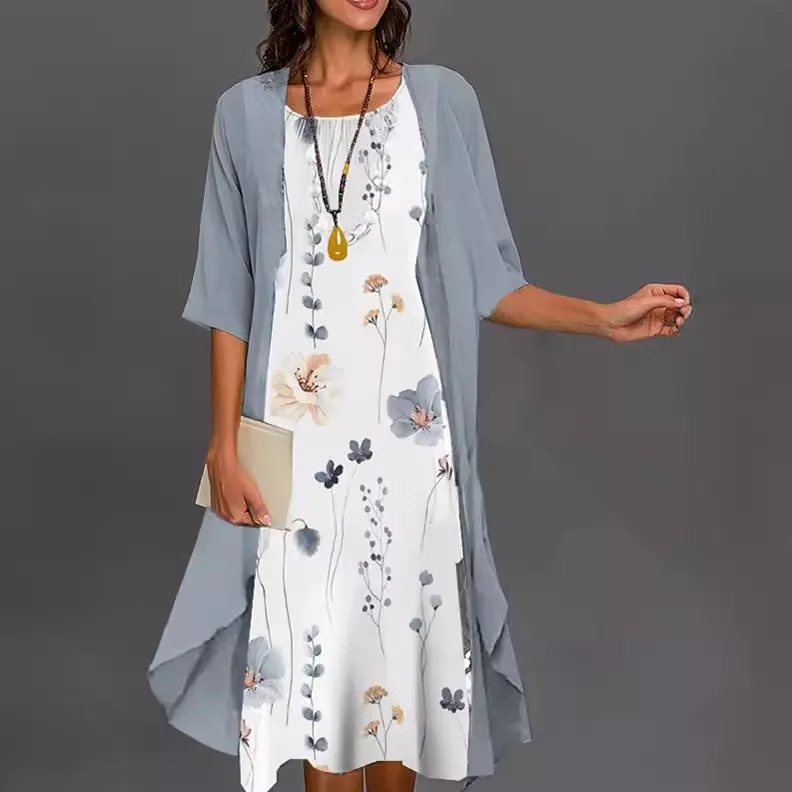 

Women's New Summer Fashion Temperament Print Loose Two-piece Set, Solid Color Cardigan Cropped Sleeve Coats + Printed Dresses