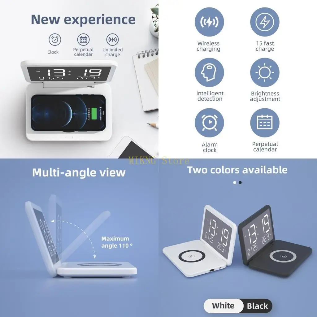 Intelligent Foldable Digital Clock with 15w Wireless Charging/USB Charging Port Best Sale