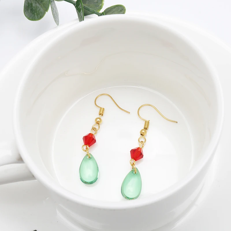 Cartoon Earrings Cute Green Waterdrop Shape Beads Charms Howls Movin Castle Cosplay Earring For Women Props Gift Accessories
