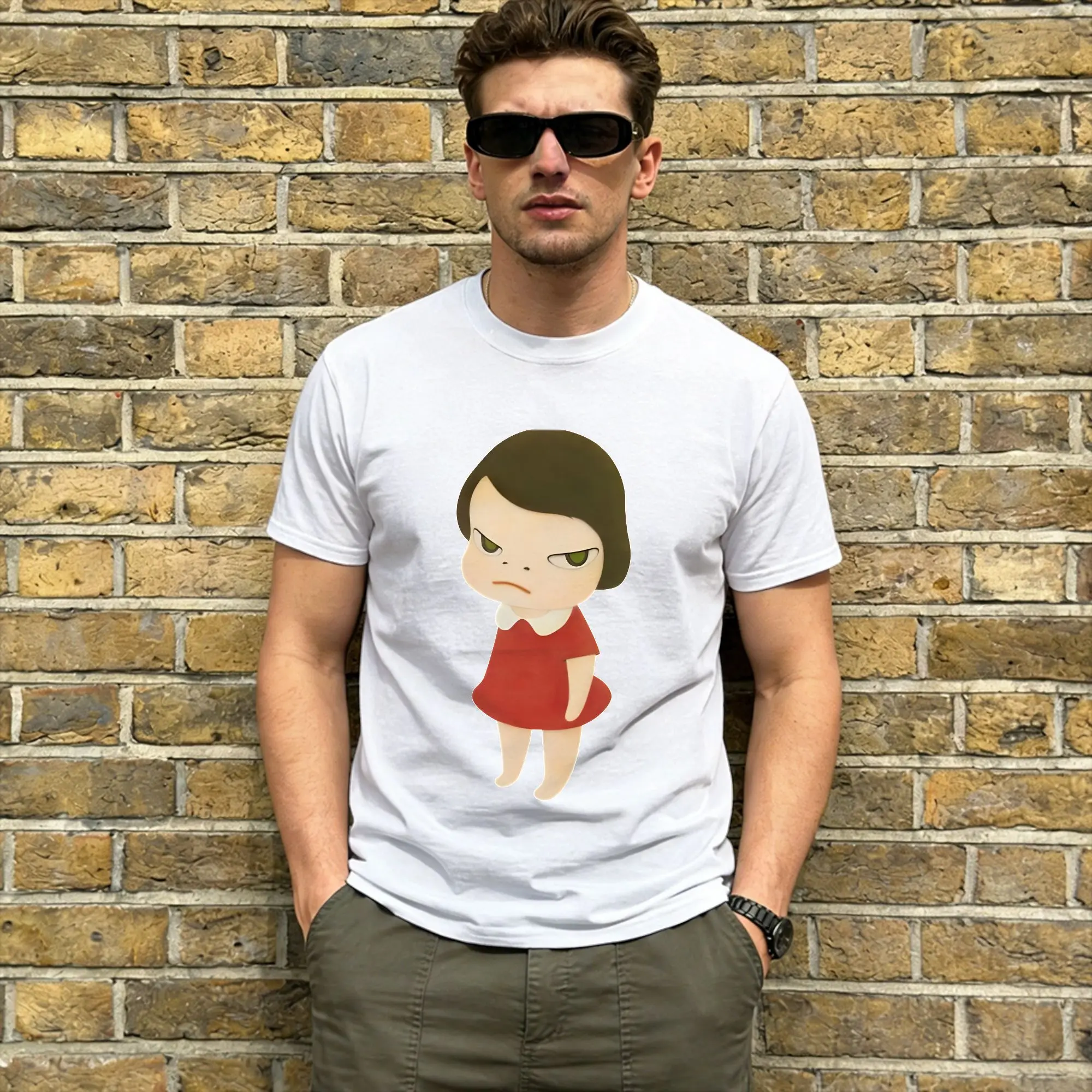 

Футболка оверсайз летняя Yoshitomos Nara, новинка, с принтом Angry Red Dress, хлопковая, мужская, Y2K, классическая, хит продаж, с коротким рукавом