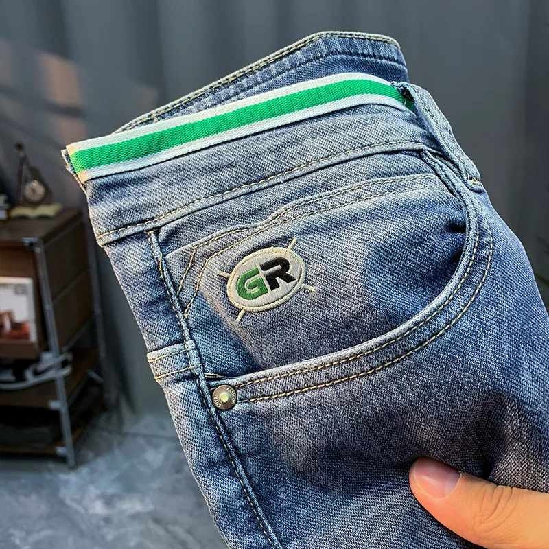 Spring and Autumn 2024 New Jeans Men's Fashion Embroidered Saggy Slim Fit Skinny Micro Long Harem Pants