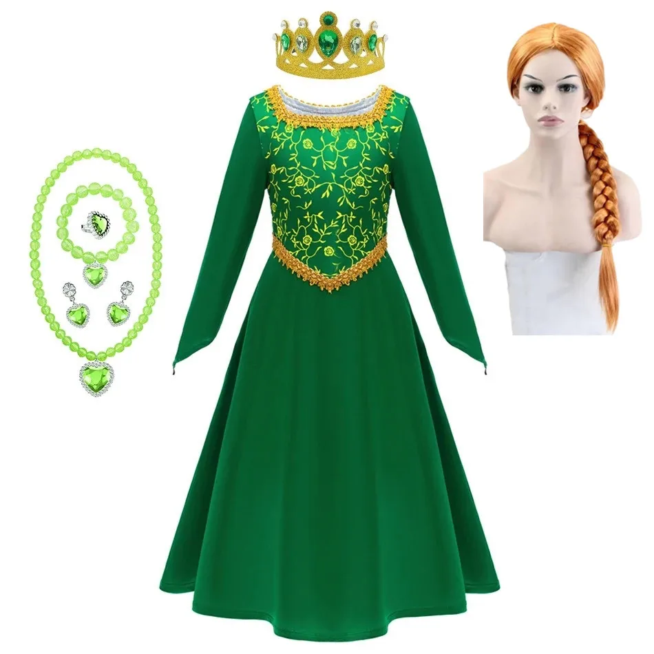 Anime Girls Princess Green Dress Fiona Dress Shrek Cosplay Costume Halloween Fancy Fantasy Party Suit Roleplay for Kids