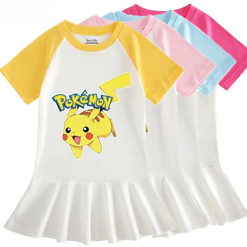 Pikachueds Creative Cartoon Peripheral Half Sleeve Girl Dress Baby Cotton Western Style Hundred Fold Princess Dress Supplies