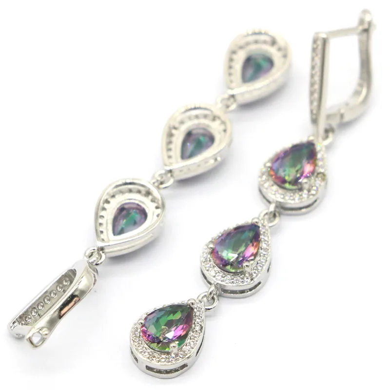 57x9mm European Design Fire Rainbow Mystic Topaz White CZ Woman\'s Wedding Silver Earrings