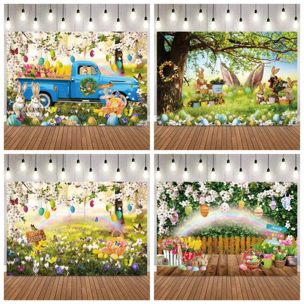 

Easter Bunny Easter Egg Happy Photography Backdrop, Spring Rainbow Flower Forest, Birthday Party Home Decoration Photo Backdrop