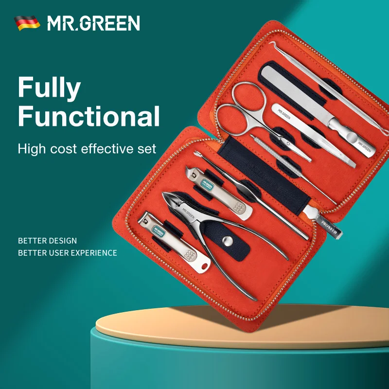 MR.GREEN Manicure Set 9 in 1 Professional Practical Kit With leather case Stainless Steel Nail Clippers Personal Care Tool