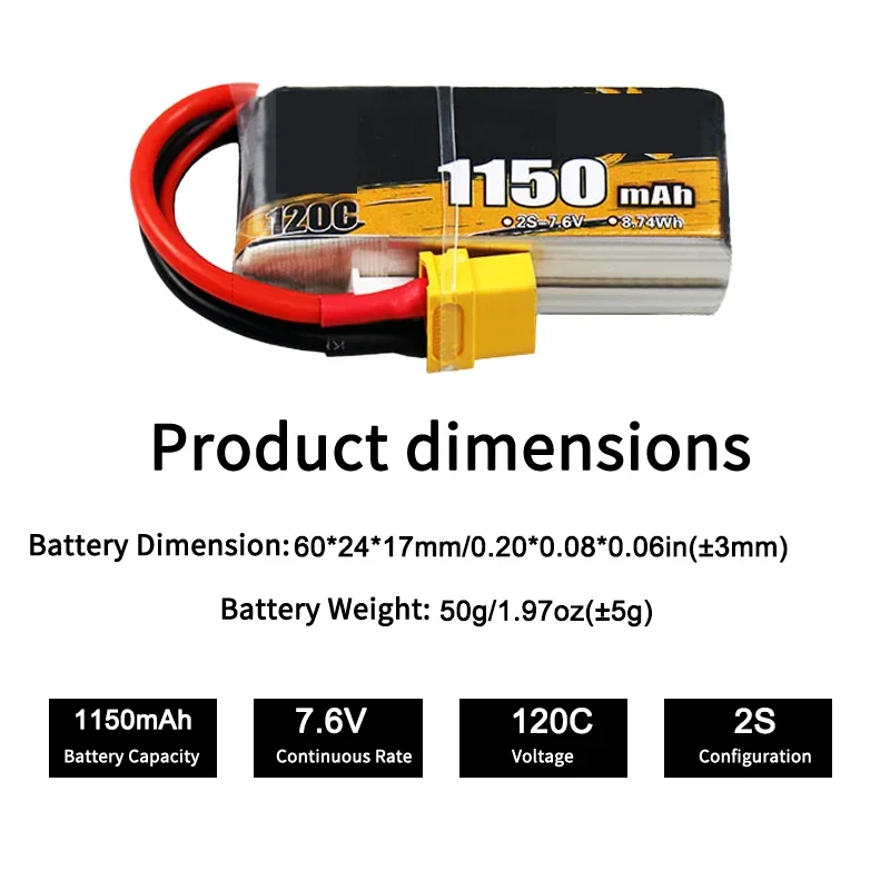 High Performance 1150mAh 2S 7.6V 120C XT30 High Rate Power Battery For FPV Racing Drone Model Aircraft