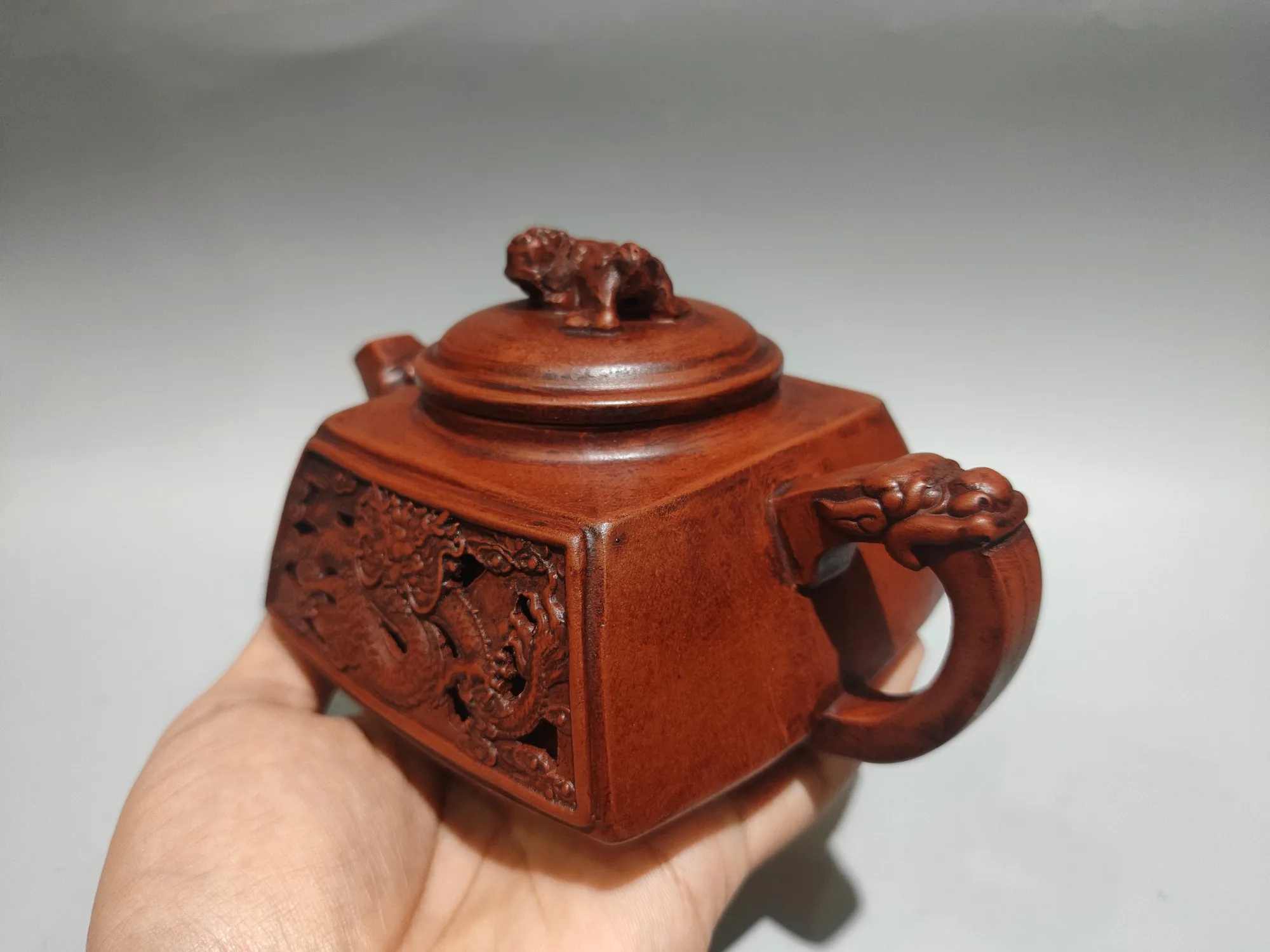 Yixing Purple Clay Pot high relief hollowed-out Four sided Dragon Soaring Four Seas Pot Dragon Mouth Pot  Kettle Teapot