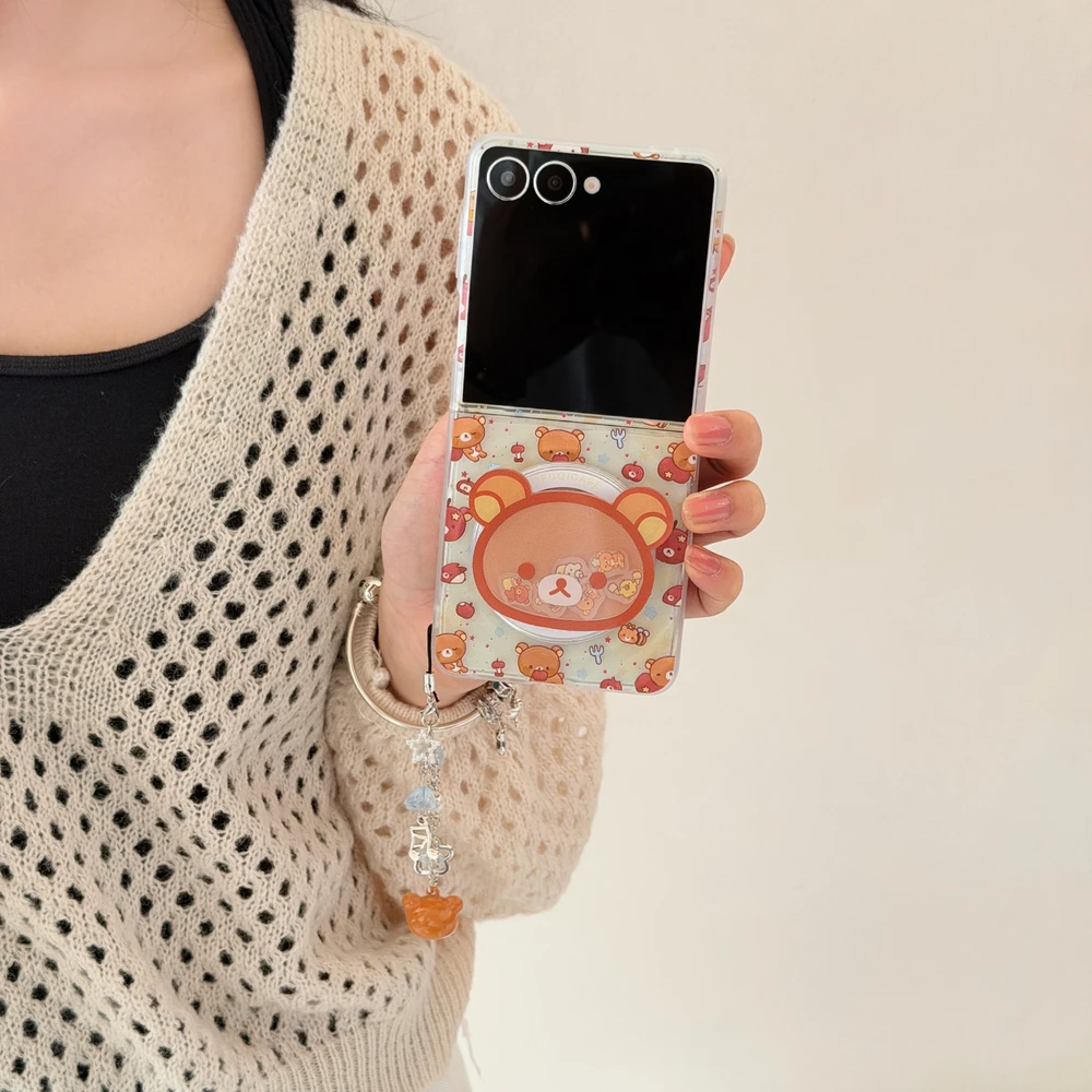 Magnetischer Griffhalter Magsafe Wireless Charge Handyhülle für Samsung Galaxy Z Flip 7 6 5 4 3, niedliche Cartoon-Rilakkuma-Bärenabdeckung