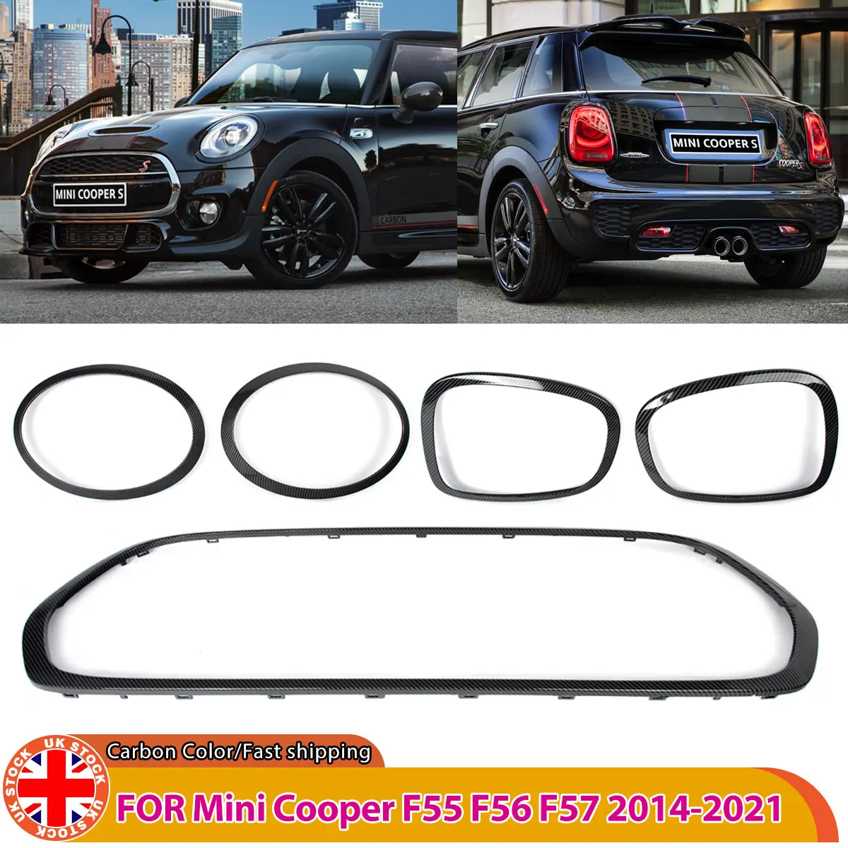 

For Mini Cooper F55 F56 F57 2014 2015-2021 Exterior Headlights Tail Lights Radiator Grille Surround Ring Trim Carbon Fiber Look