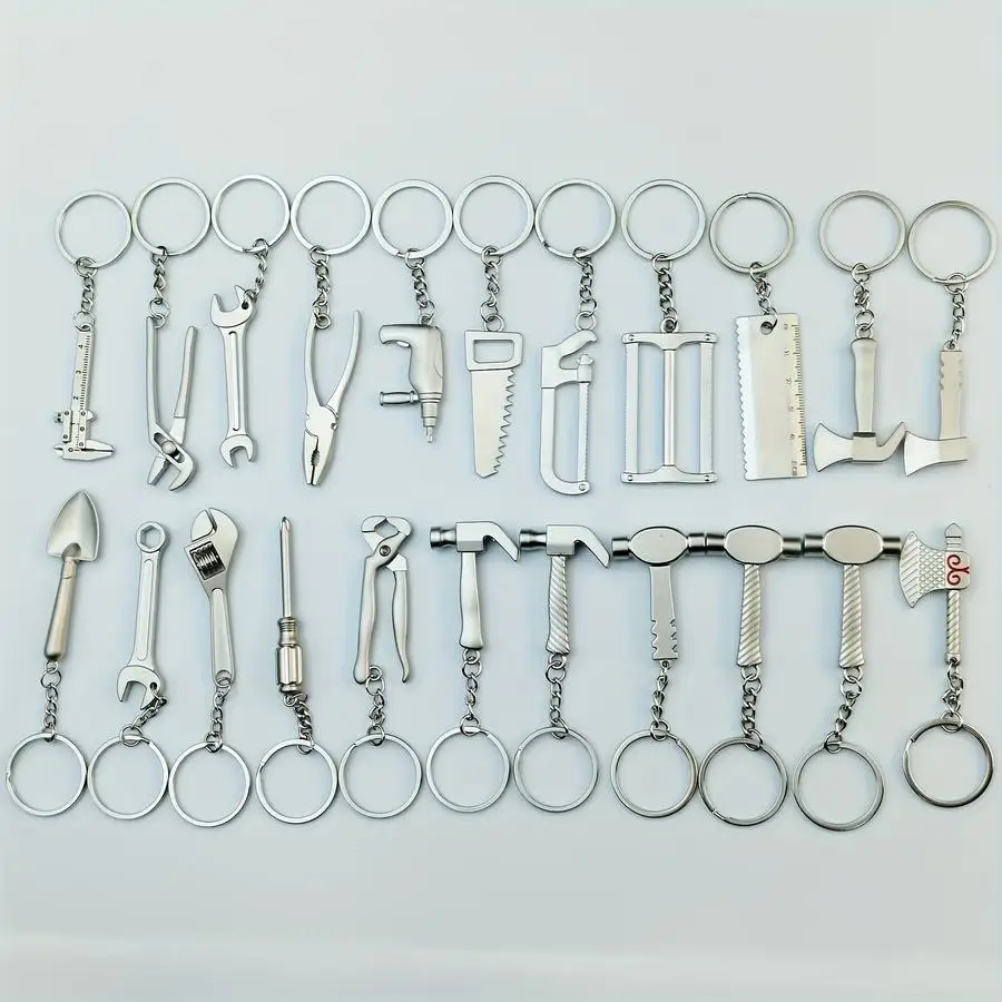 1/5/10/20/50/100pcs Set of 20 Random Creative Tool Keychains, Outdoor Theme: Screwdriver, Pliers, Wrench, Lock, Caliper, Drill B