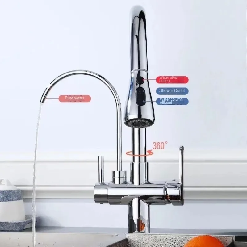 Matte Black Kitchen Faucet Pull-Out Sprayer 360 ° Rotation 3-Way Water Filter Mixer for Kitchen Sink