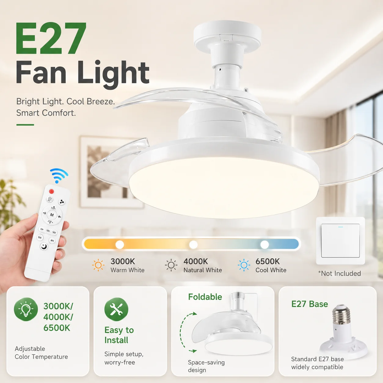 85-265v Led Ceiling Fan With Lamp Portable 3-Color Silent Ceiling Fan Lamp Plug-In Type Suitable For Home Room Bedroom Lig