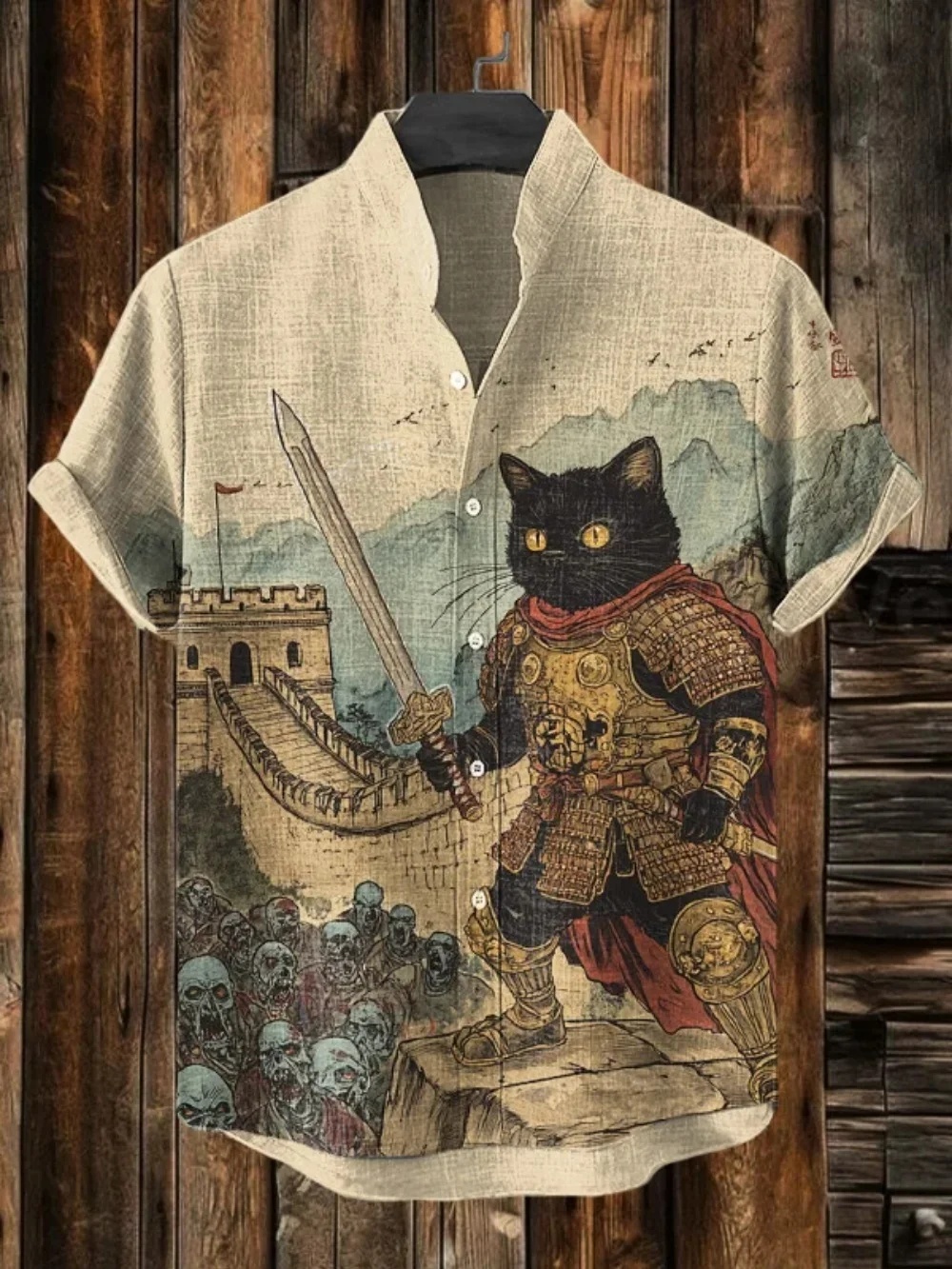 Men's Retro Japanese Art Printed Short Sleeve Shirt Samurai Black Cat Design Casual Stand up Collar Cardigan