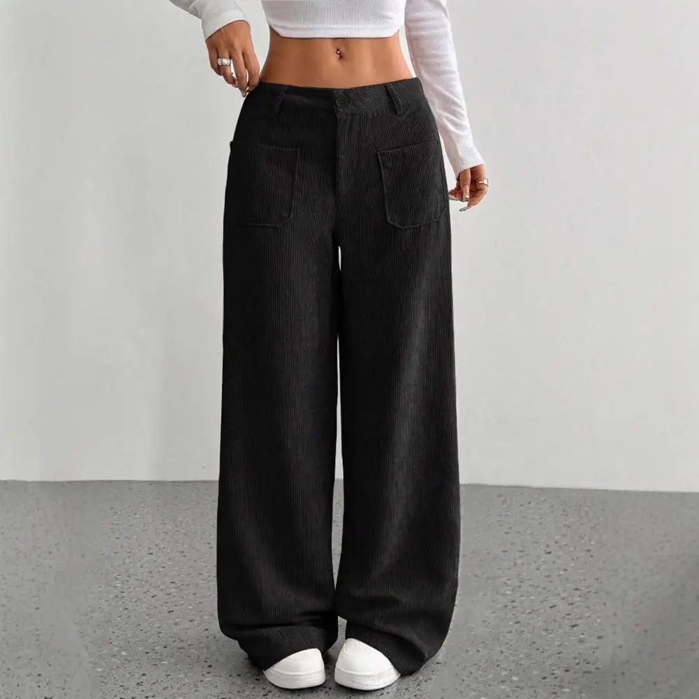 Lightweight Comfortable Pants Women’s Wide Leg Trousers with Button Zipper Closure Solid Color Straight Pants with Pockets