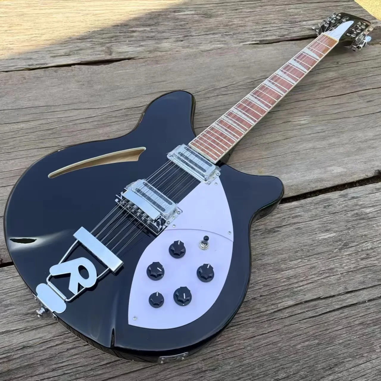 12 String Electric Guitar Black Color Semi Hollow Body White Pickguard R Shaped Tailpiece 24 Frets Quality Guitarra