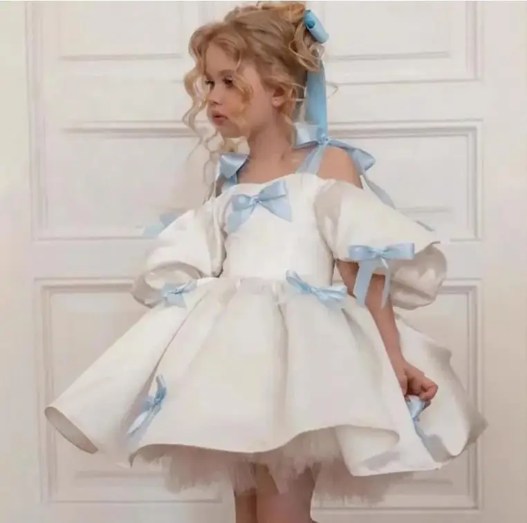 Sukienka dla dziewczynki na wesele 2026, dekolt okrągły, bufiaste rękawki, sukienki na przyjęcia dla dziewczynek, krótkie rękawy, satynowa sukienka dla dzieci na Boże Narodzenie, sukienka na uroczystości.