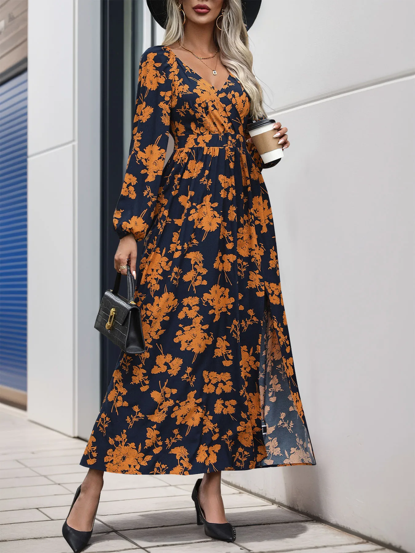 

Women's Dress Best seller Black Orange Floral Print V Neck Long Sleeve High Waist Split Midi Dress Fashion Casual Party Dress Au