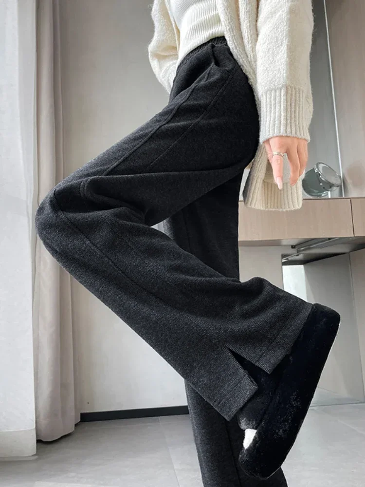 Autumn and Winter Women's Pants Herringbone Woolen Split Wide-leg Pants Women's Fashion Elastic Waist Warm Straight Trousers