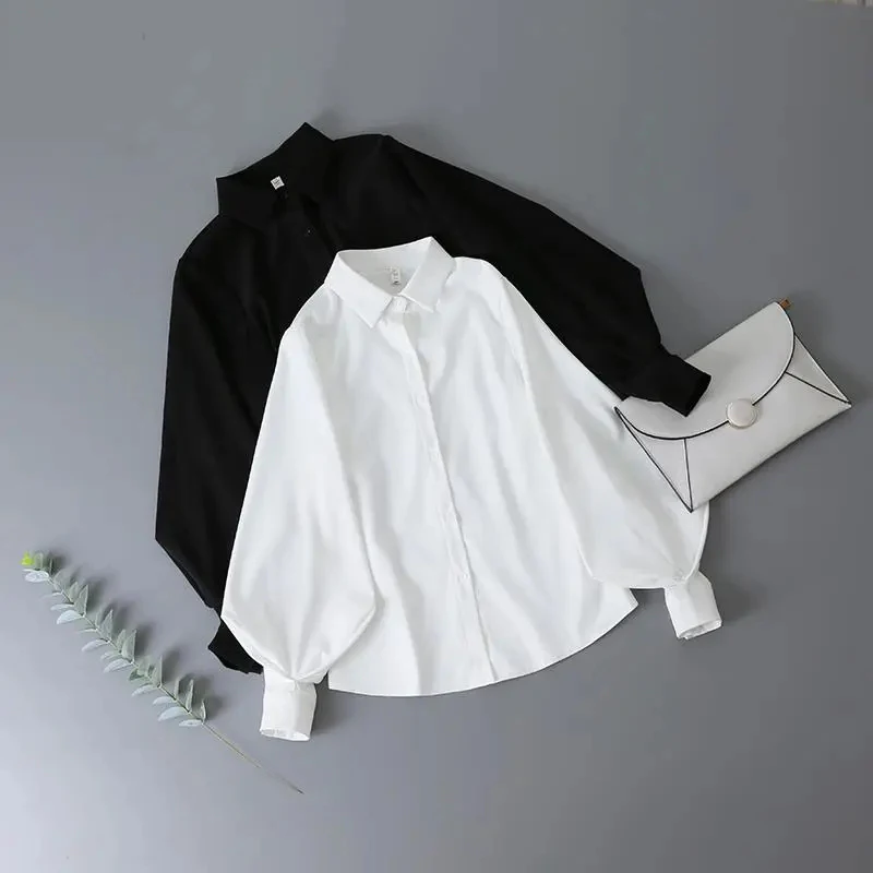 

Lantern Sleeve Chiffon Blouse Women Summer Fashion Elegant White Single Breasted Loose Tops Harajuku Solid Office Lady Shirts