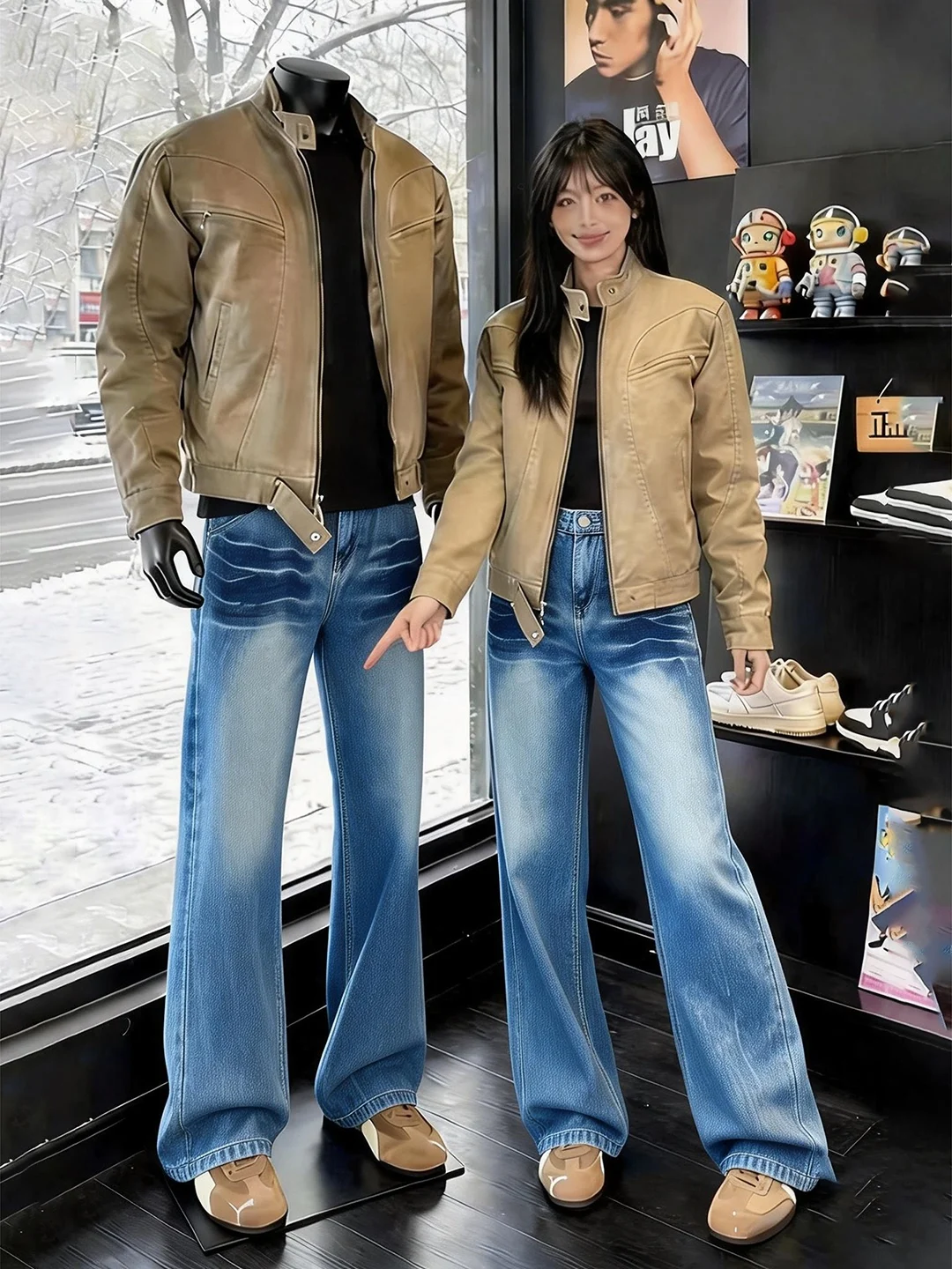 

Blue Lightning Pattern Flared Jeans Men's Spring Autumn American High Street Slimming Straight Leg Denim Pants Cleanfit