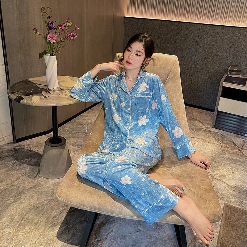 Luxury Gold Velvet Floral Women Pajamas 2piece Set 26 Autumn Winter Long-sleeve Pants Warm Nightgown Sleepwear Loungewear