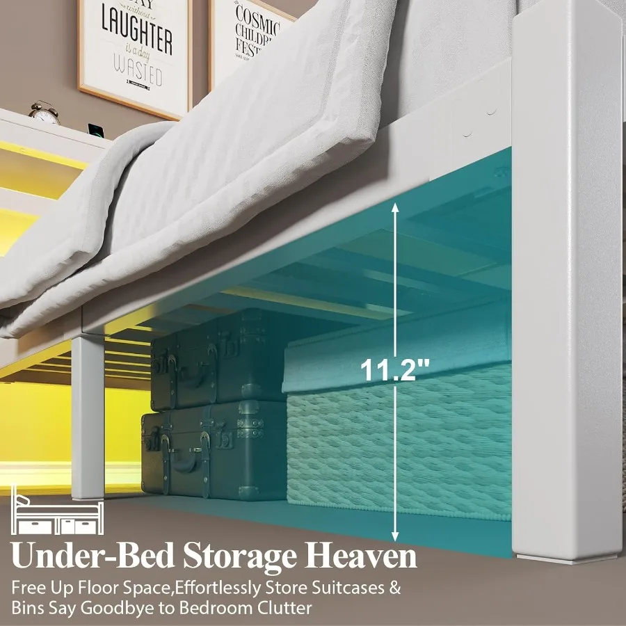 إطار سرير بحجم كينج مع لوح رأسي للتخزين وسرير بمنصة صناعية مع محطة شحن وأضواء LED ومساحة تخزين تحت السرير #4