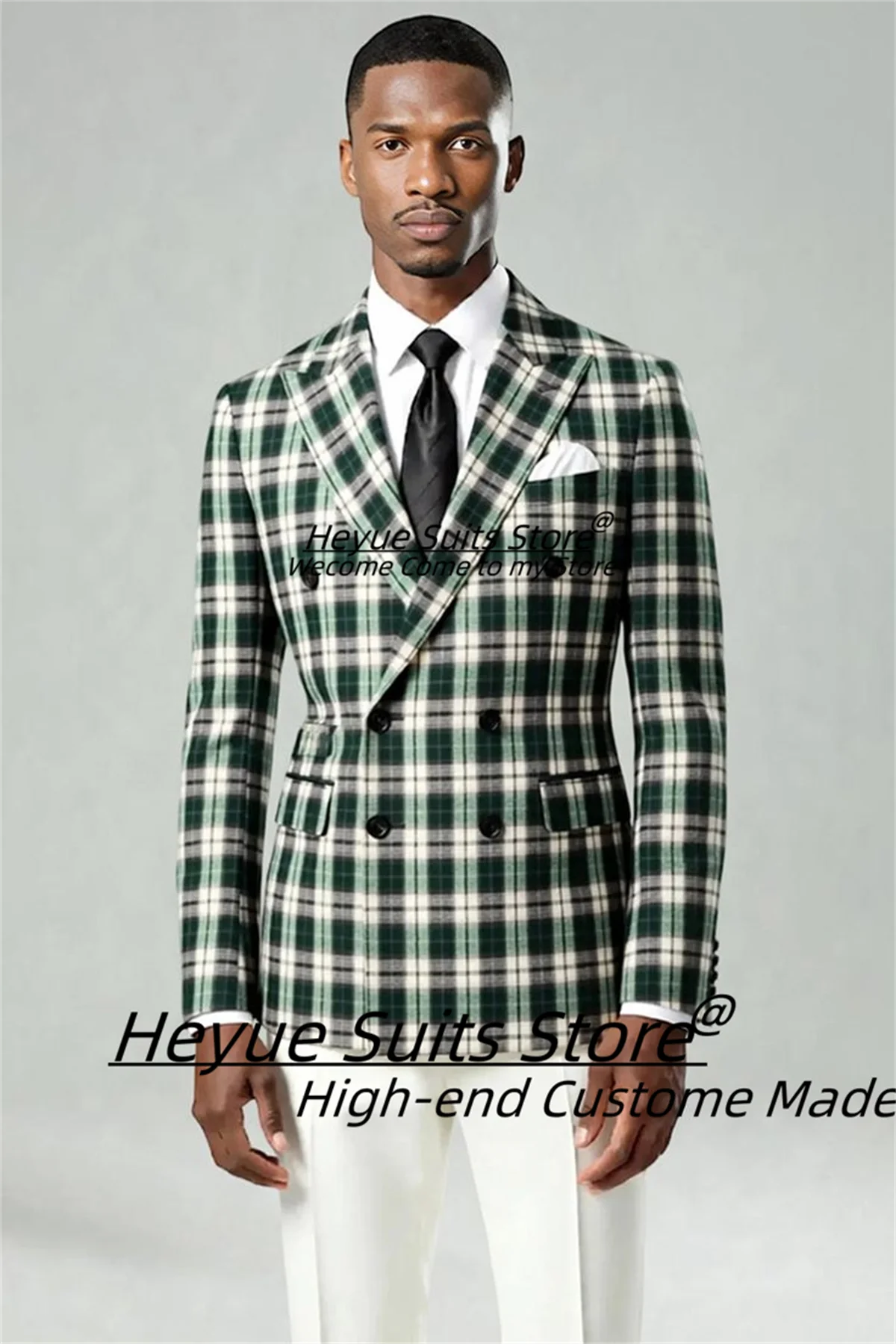 

Handsome Casual Plaid Green Men Suits Customized Slim Fit Double Breasted Groom Wedding Tuxedos 2 Pieces Sets trajes para hombre