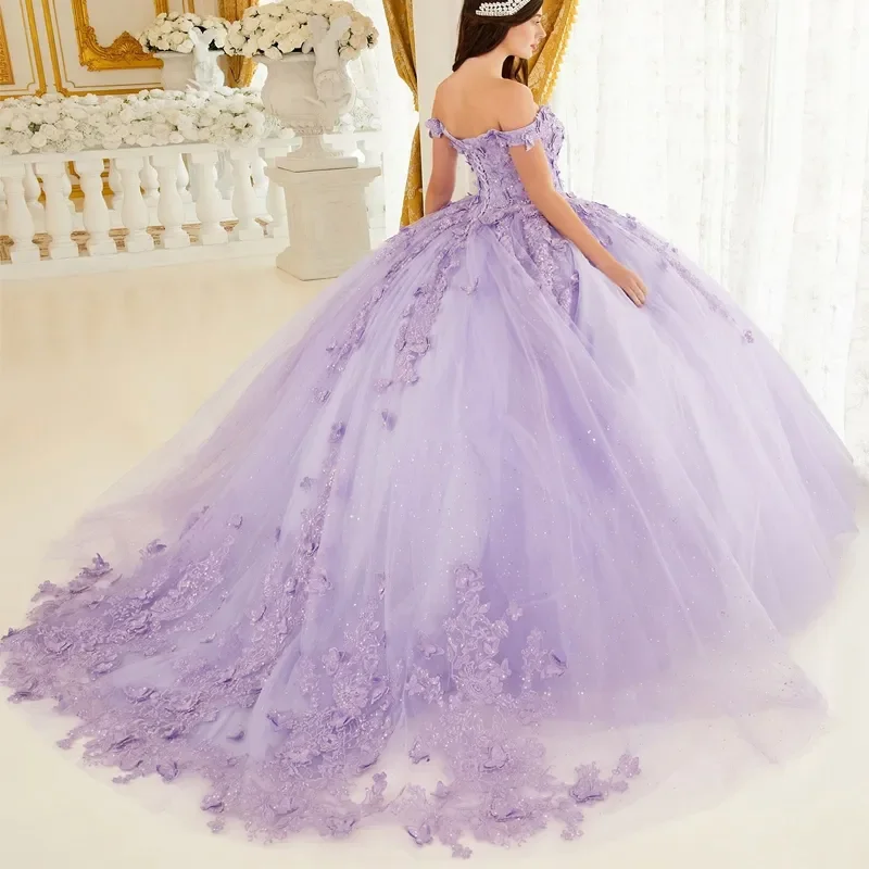 Luz Lilás Quinceanera Vestidos Floral Ruffles Sweet Ball Gown Applique Lace Bow Beads Tull Personalizado Vestidos 15 De Xv Anos