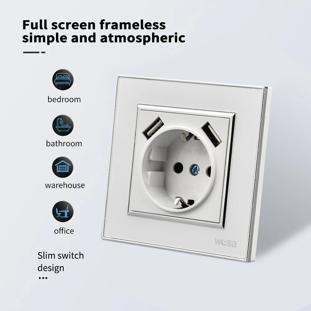 لوحة أكريليك بيضاء قياسية من الاتحاد الأوروبي مآخذ طاقة USB كلاسيكية مثبطات اللهب 250 فولت منافذ كهربائية مدمجة على الحائط مع أرضية 250 فولت #2