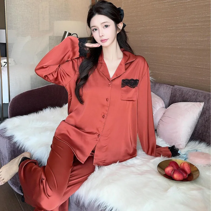 2025 Autumn Winter Ice Silk Pajamas Women Two Piece Set Luxury Homewear Lace Nightgown Sleepwear Long Sleeve Pants Chic