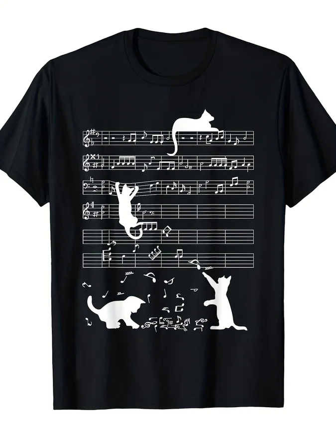 Funny Cat Playing Music Note Clef Musician Art T Shirts Graphic Cotton Streetwear Short Sleeve Birthday Gifts Piano T-shirt Men